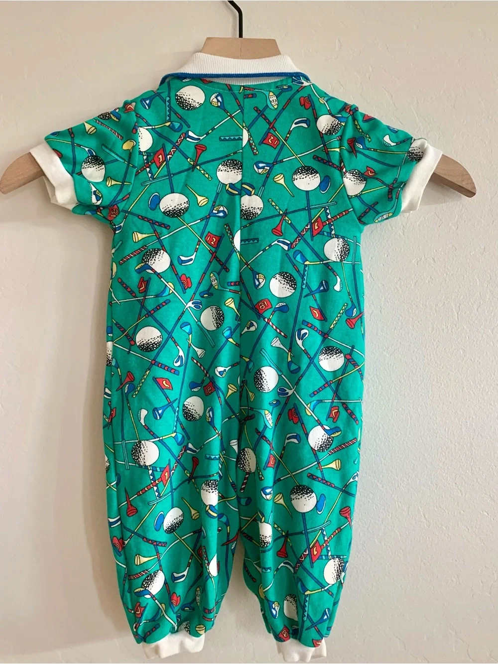 Vintage Baby - Golf Print - Button Romper with Collar